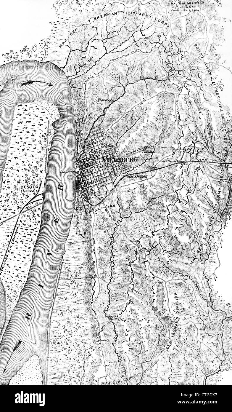 1800s 1860s 1863 MAP SHOWING THE PLAN OF THE SIEGE OF VICKSBURG MISSISSIPI BY UNION TROOPS Stock Photo
