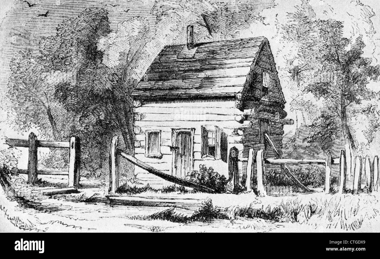 1800s 1850s THE LOG SCHOOLHOUSE IN MOUNTAINS USED BY JOHN BROWN AS AN ARSENAL Stock Photo
