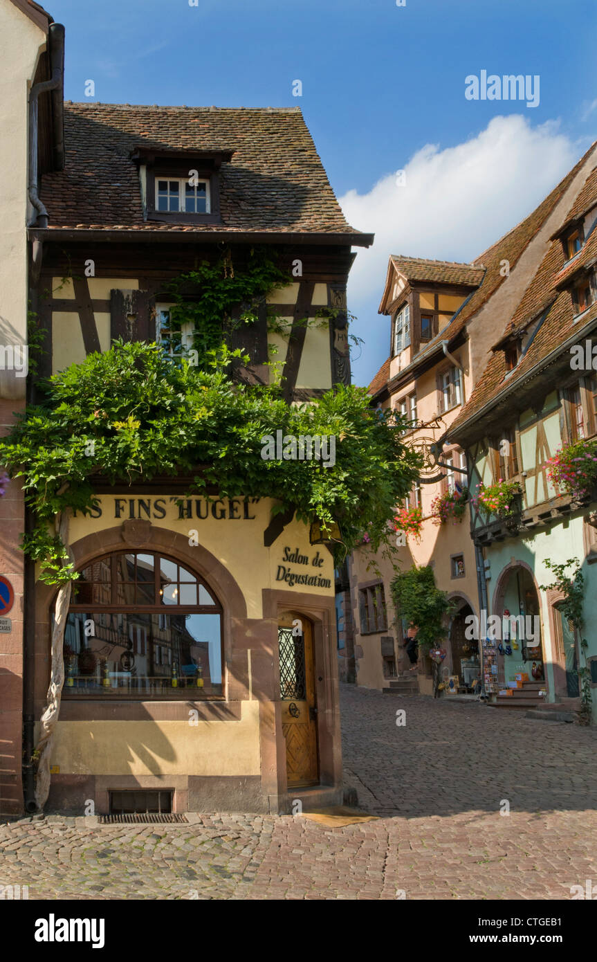 HUGEL Wine tasting cellar rooms of renowned producer 'Hugel' in central Riquewihr Alsace France Stock Photo