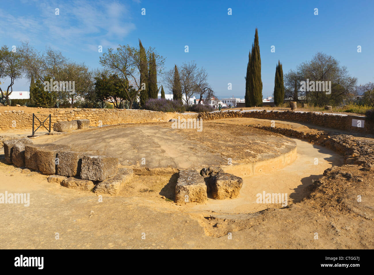 Circular mausoleum in the Roman necropolis of the Archaeological Complex, Carmona, Seville Province, Spain. Stock Photo