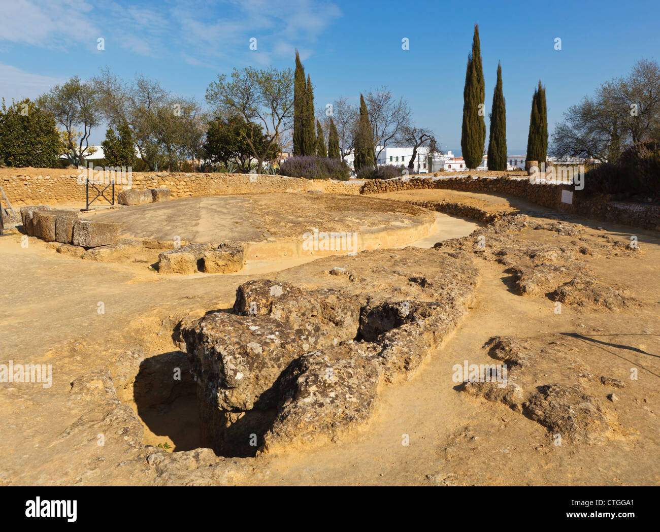 Circular mausoleum in the Roman necropolis of the Archaeological Complex, Carmona, Seville Province, Spain. Stock Photo