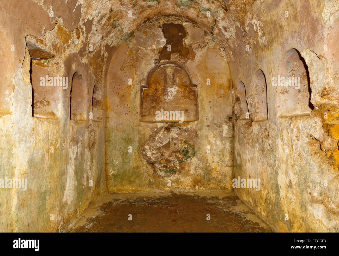 Underground chamber beneath the circular mausoleum in the Roman necropolis, Carmona, Seville Province, Spain. Stock Photo