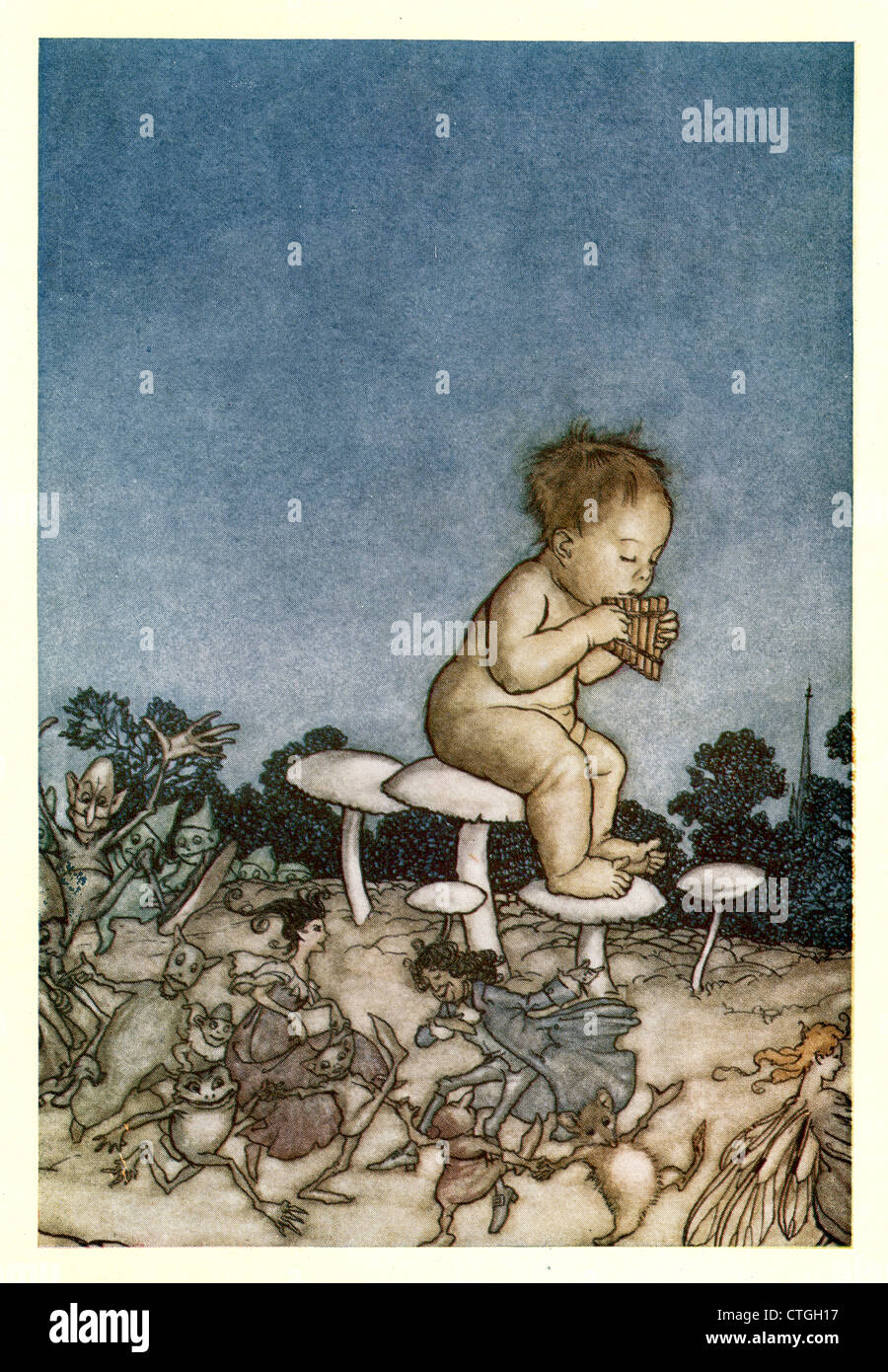 Illustration by Arthur Rackham from Peter Pan in Kensington Gardens. Peter Pan and the fairies orchestra Stock Photo