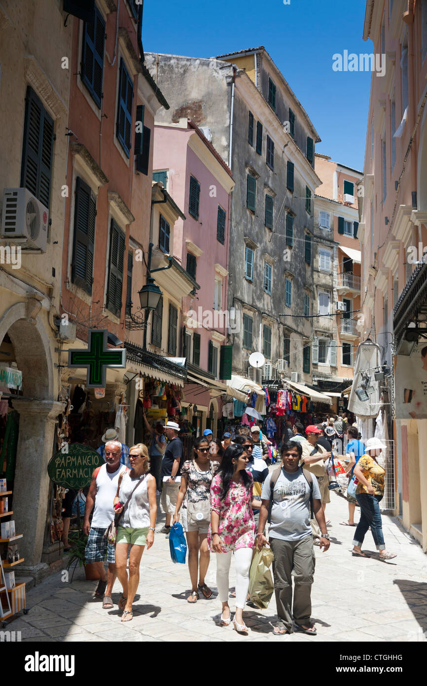 Tourists exploring Corfu Old Town - Greece Stock Photo
