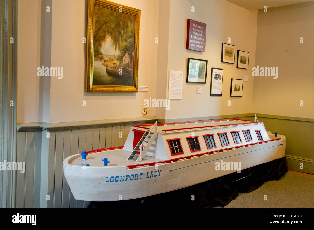 New York, Syracuse, Erie Canal Museum. Model canal boat. Stock Photo