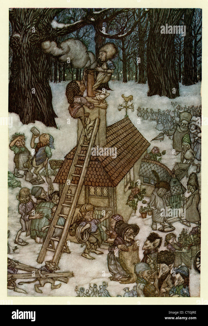 Illustration by Arthur Rackham from Peter Pan in Kensington Gardens. Building the house for Maimie. Stock Photo