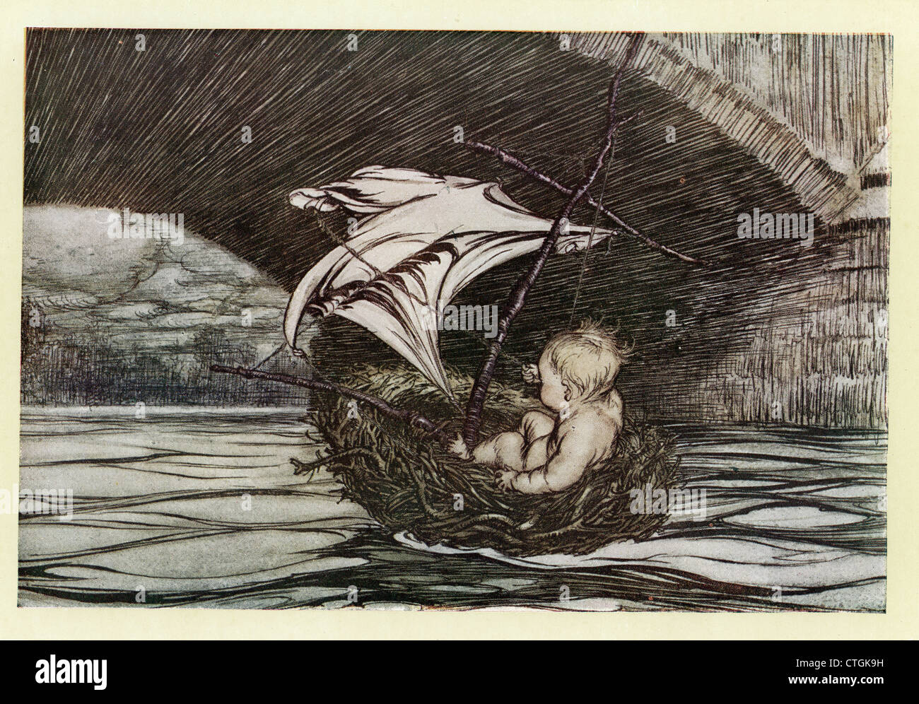 Illustration by Arthur Rackham from Peter Pan in Kensington Gardens. He passed under the bridge Stock Photo