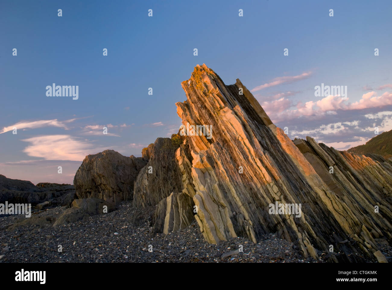 Layered Rock In The Sunset Light; La Martre, Quebec, Canada Stock Photo