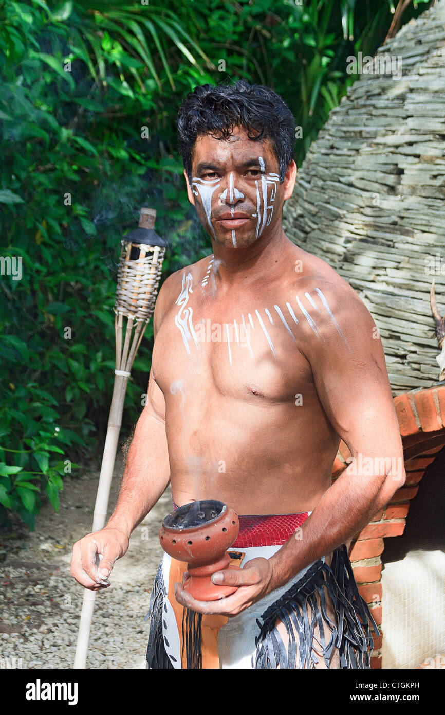 Maya Shaman greets visitors with ritual smoke from Copal resin. Stock Photo