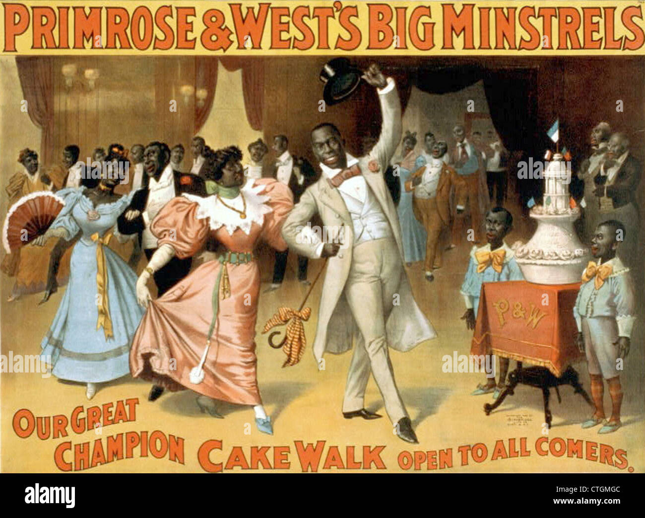 BLACKFACE MINSTRELS 1896 poster showing the cake walk as promoted by