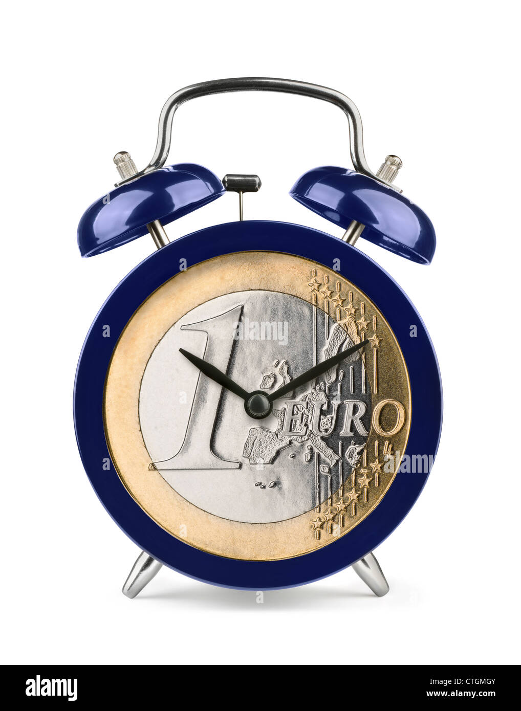 Blue alarm clock with euro clockface isolated on white Stock Photo