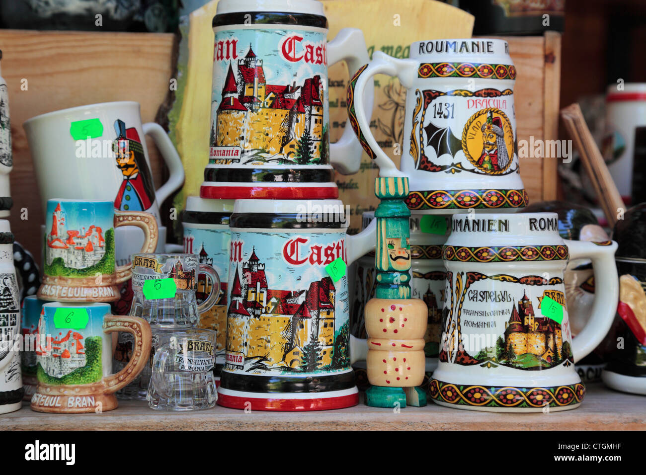 Typical souvenir mugs in a gift shop in Bran, Transylvania, Romania