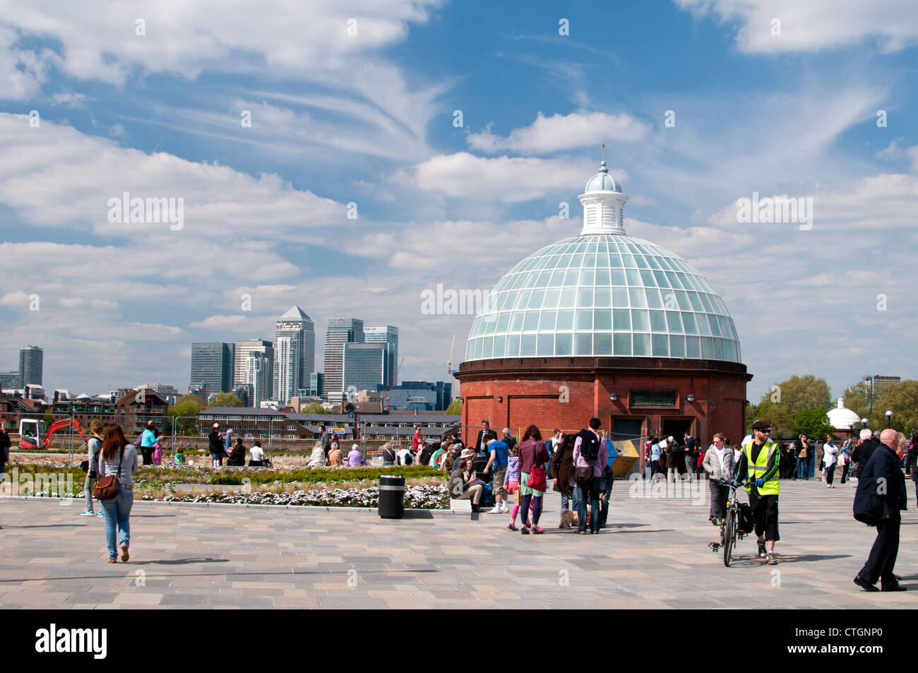 View of London Canary Wharf business district from Greenwich. Greenwich foot tunnel across river Thames in in the foreground. Stock Photo