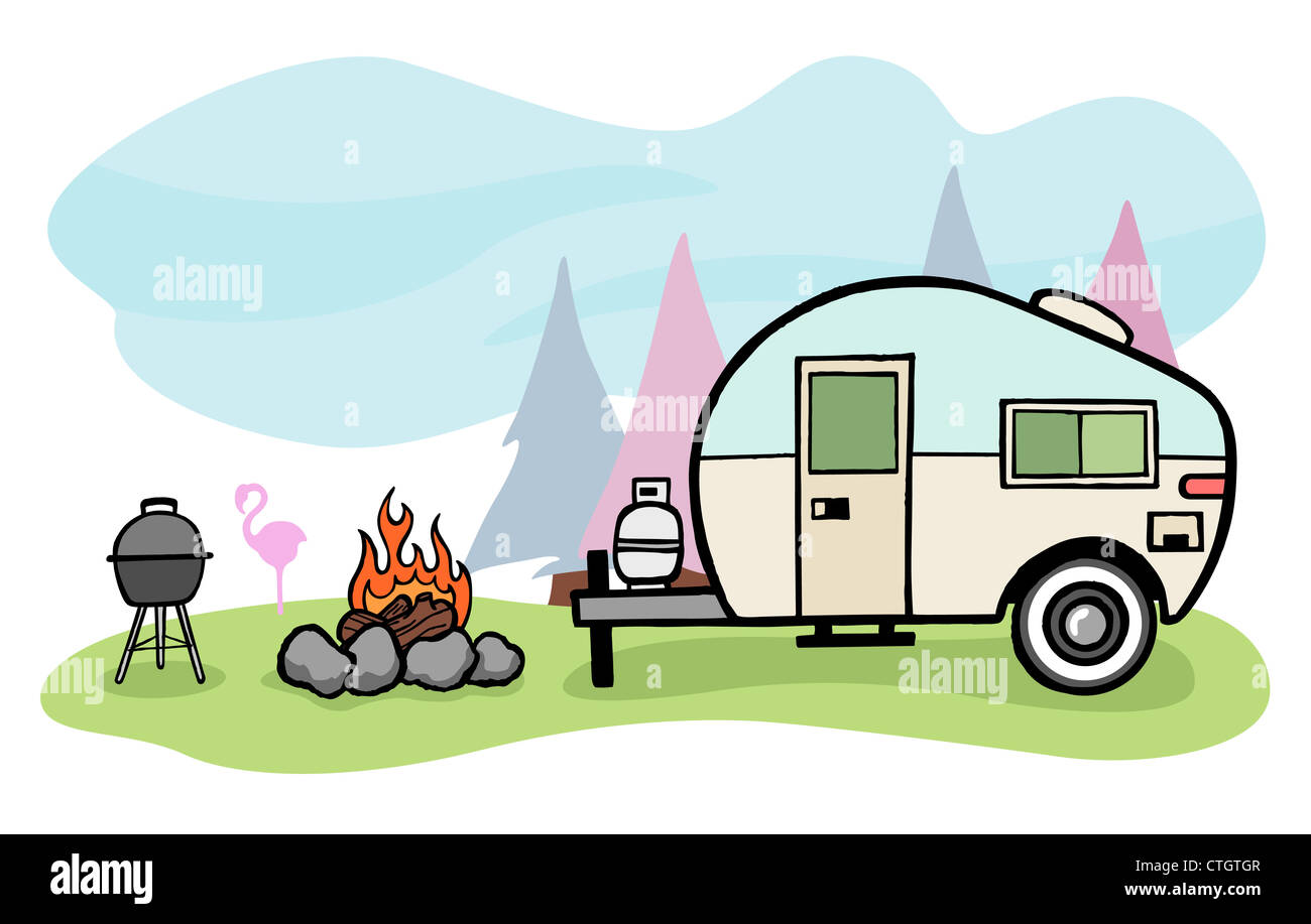 Vintage style camper trailer and camping scene Stock Photo