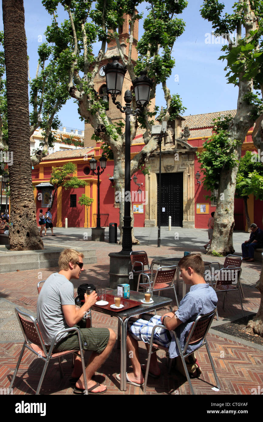 Spain, Andalusia, Seville, Plaza San Lorenzo, street cafe, people, Stock Photo
