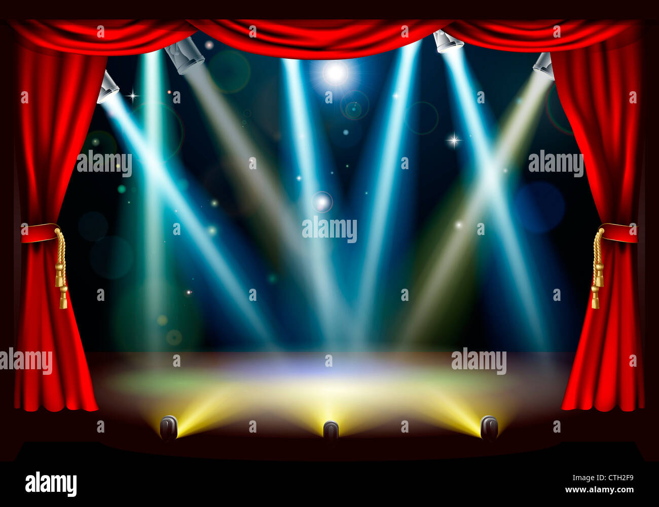 A spotlight theatre stage with coloured spotlights and red stage