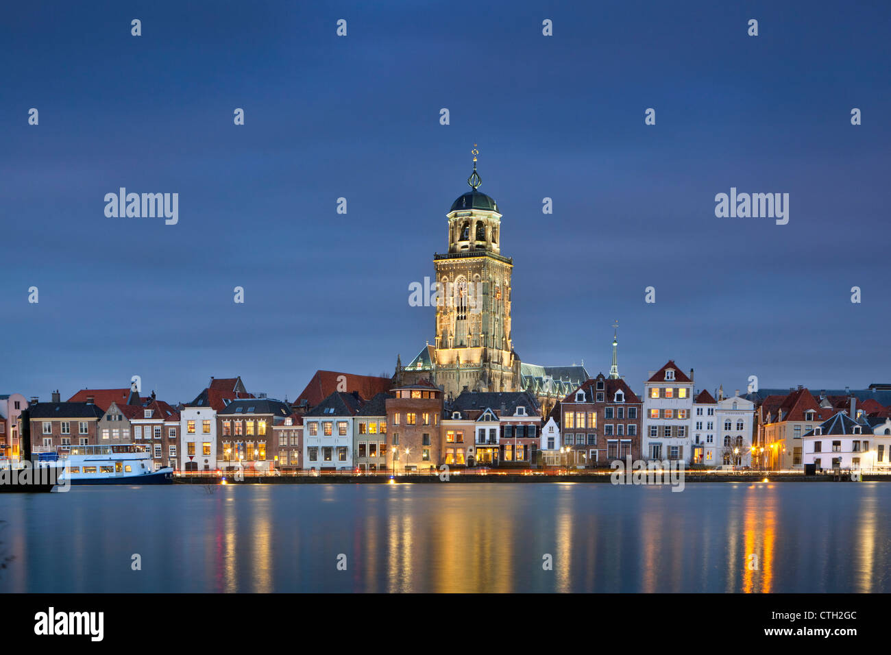 The Netherlands, Deventer, Skyline. Ijssel river. Dusk. High water. Stock Photo