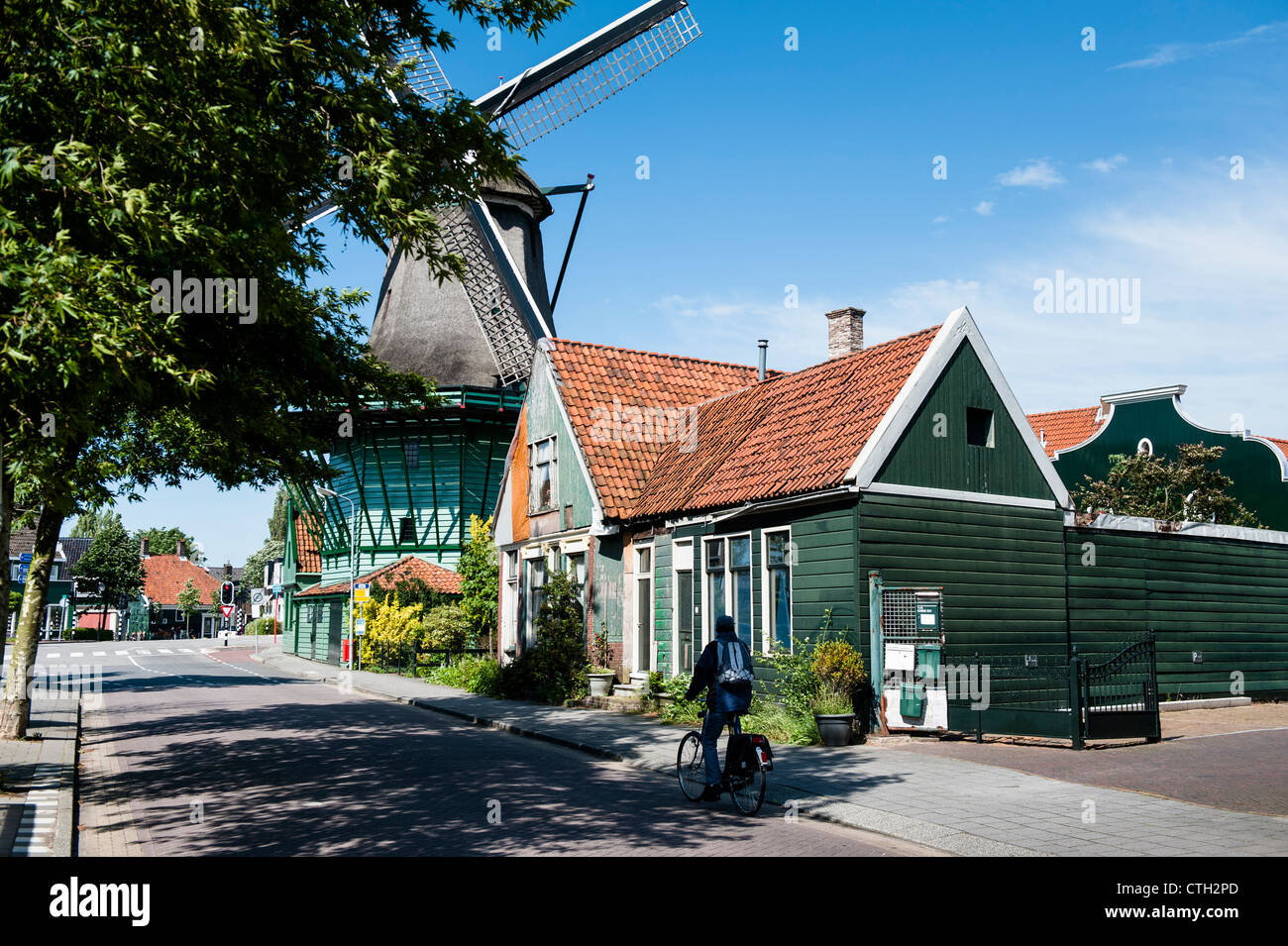 The Zaanse Schans is a neighbourhood of Zaandam. It has a collection of well-preserved historic windmills and houses. Stock Photo