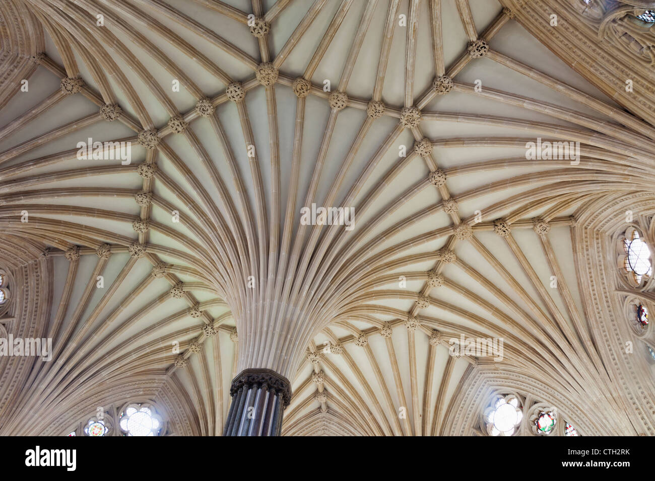 England, Somerset, Wells, Wells Cathedral, The Chapter House, Fan Vaulted Ceiling Stock Photo