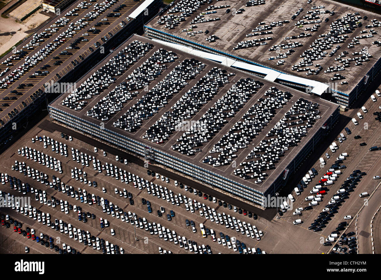 The Netherlands, Rotterdam, Port. Car Terminal. Aerial. Stock Photo