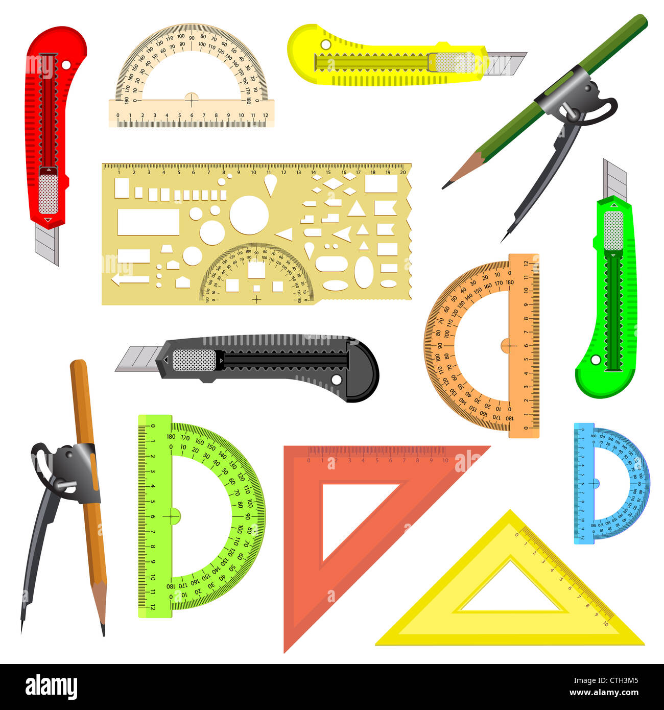 set of school instruments. Protractor, compass, protractor and a knife