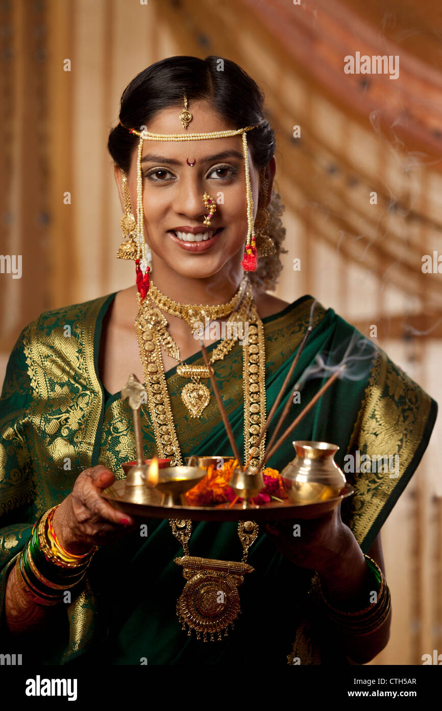 Beautiful Maharashtrian bride smiling Stock Photo