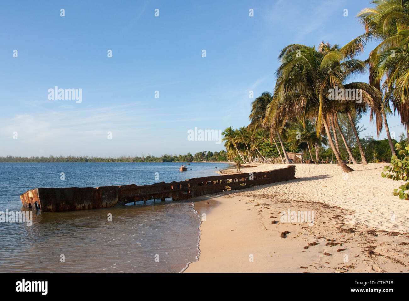 Playa Larga beach with American landing vessel wreck, Bay of Pigs, Matanzas, Cuba. Site of the American backed invasion of 1961. Stock Photo