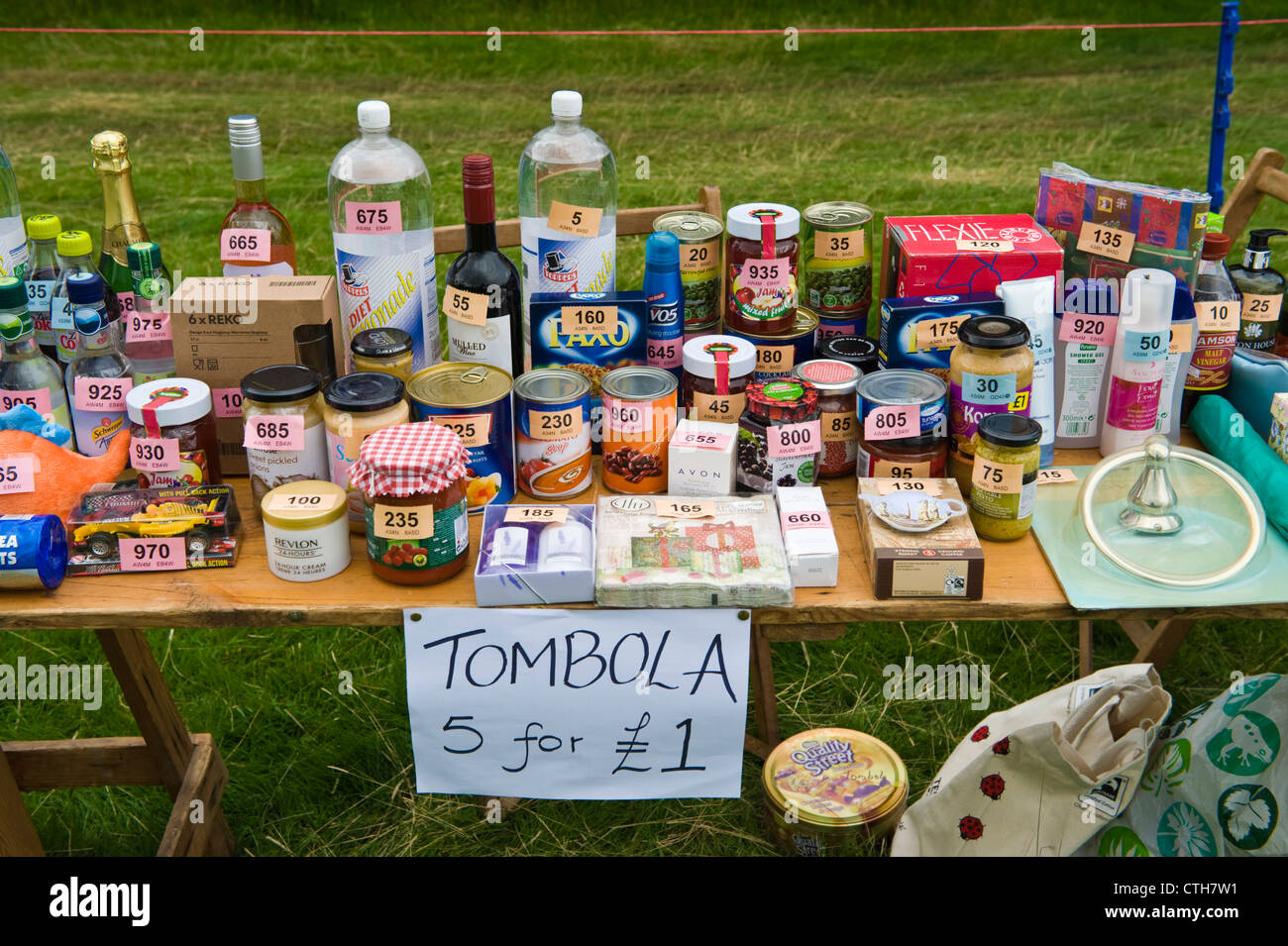Table top TOMBOLA stall at small rural country show on farm at Cwmdu Powys Wales UK Stock Photo