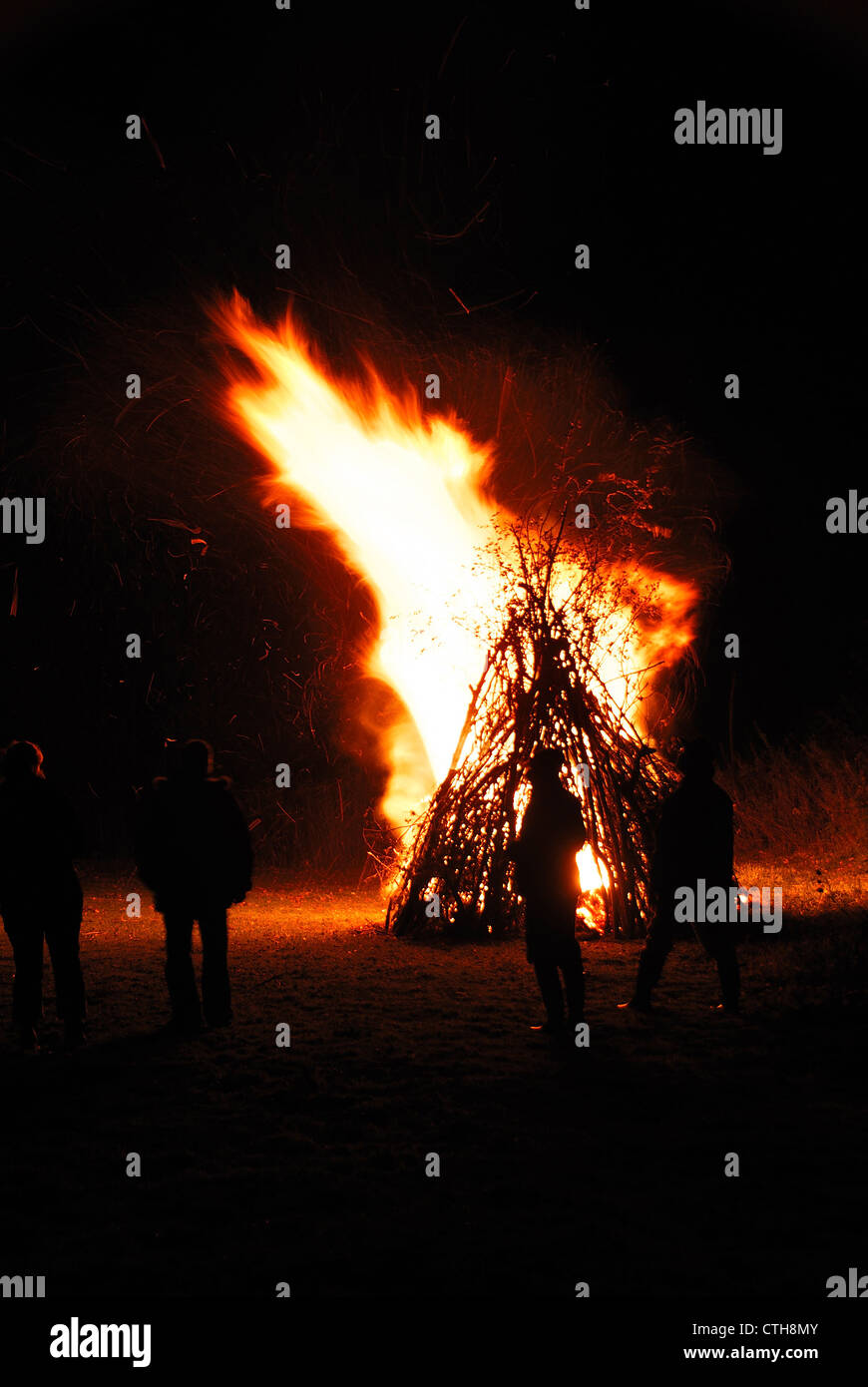 A burning bonfire on November 5th, Guy Fawkes' night UK Stock Photo