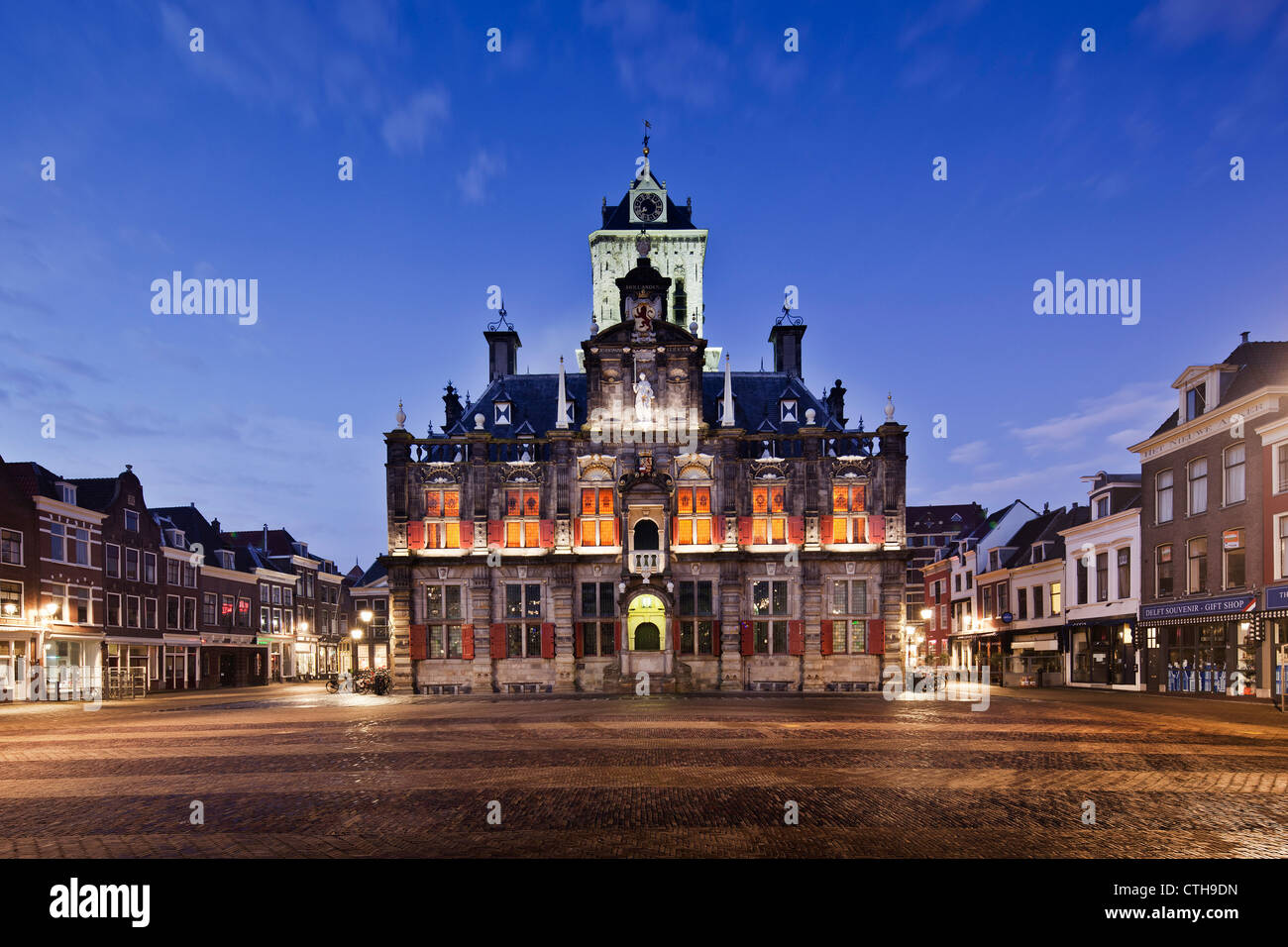 The Netherlands, Delft, Townhall. Dawn. Stock Photo