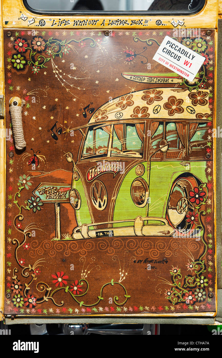 VW Split Screen Volkswagen camper van. Wooden interior painted in sixties / seventies hippie style Stock Photo