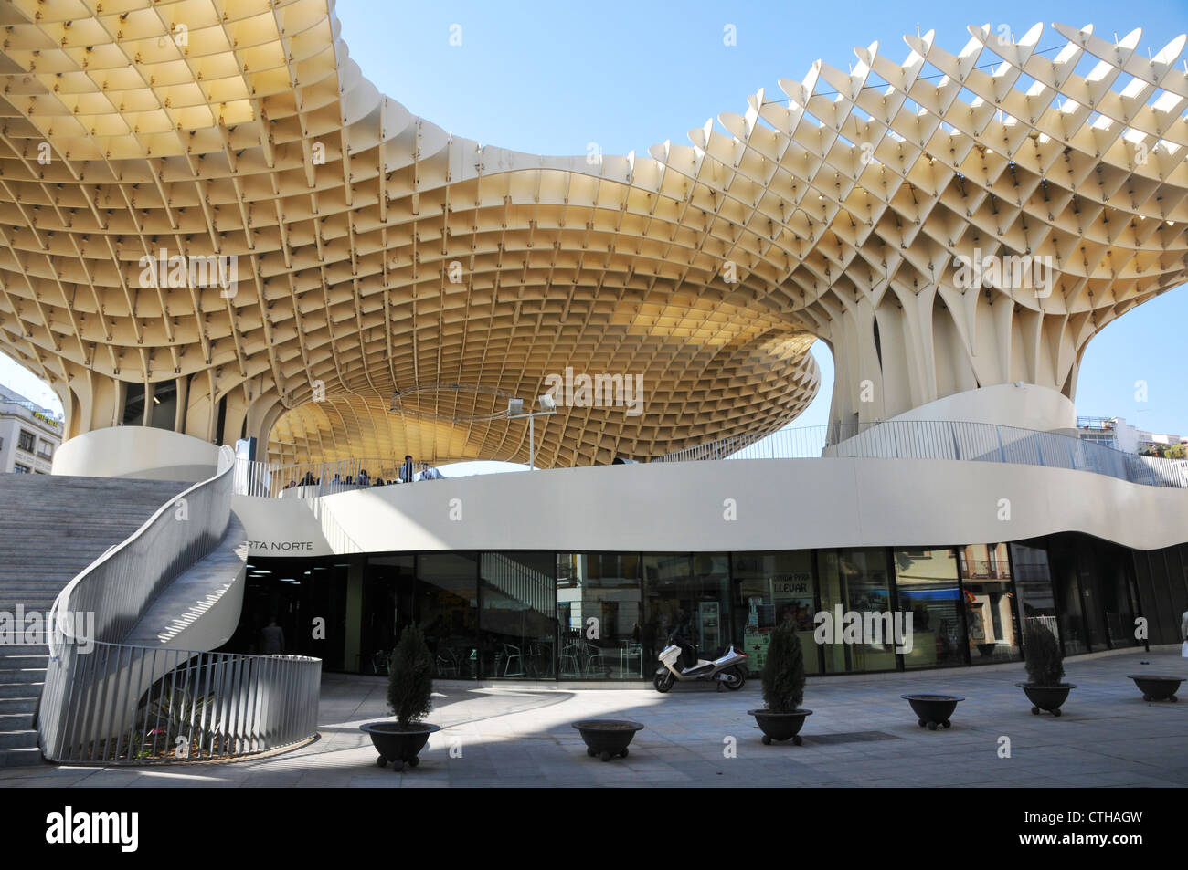Looking up at modern architectural roof in Plaza de la Encarnacion, Seville, Spain. Stock Photo