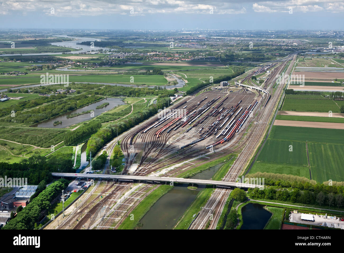 The Netherlands, Zwijndrecht, Train shunting-yard called Kijfhoek. Aerial. Stock Photo