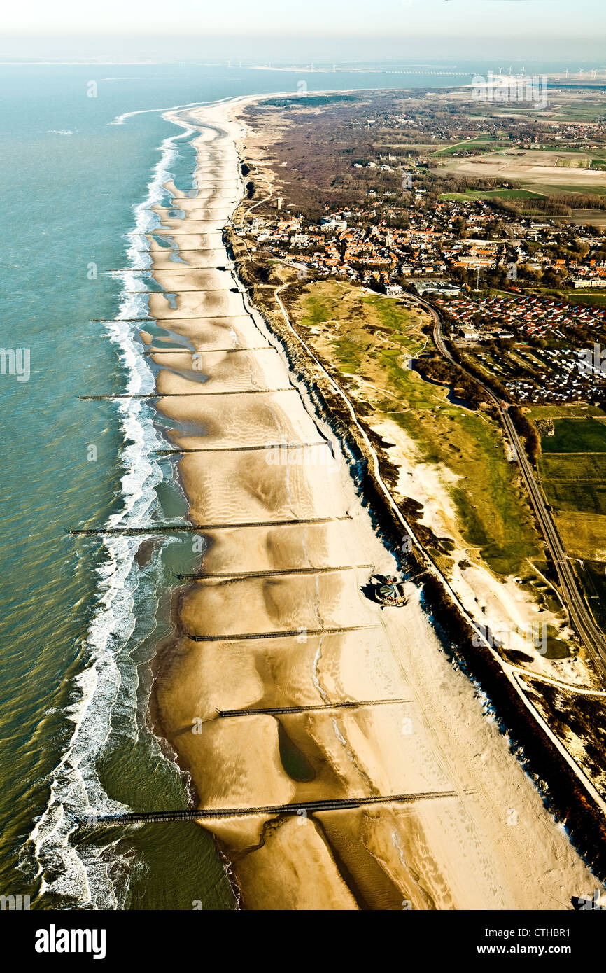 The Netherlands, Domburg, Aerial of beach at low tide. Stock Photo