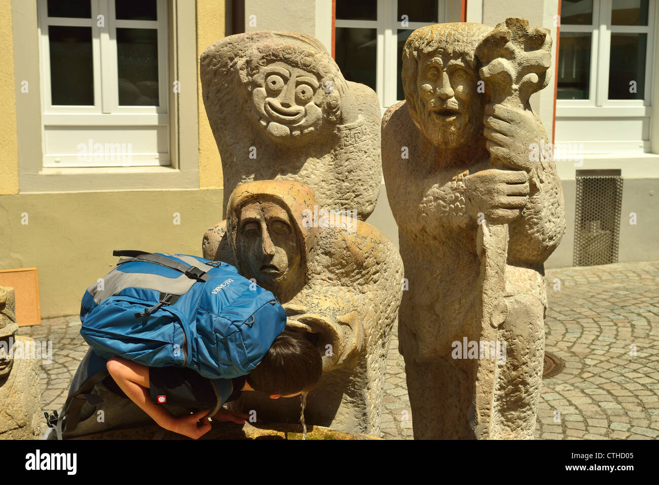 Bad Saeckingen, old town. Fountain sculptures showing historical carnival protagonists. Stock Photo