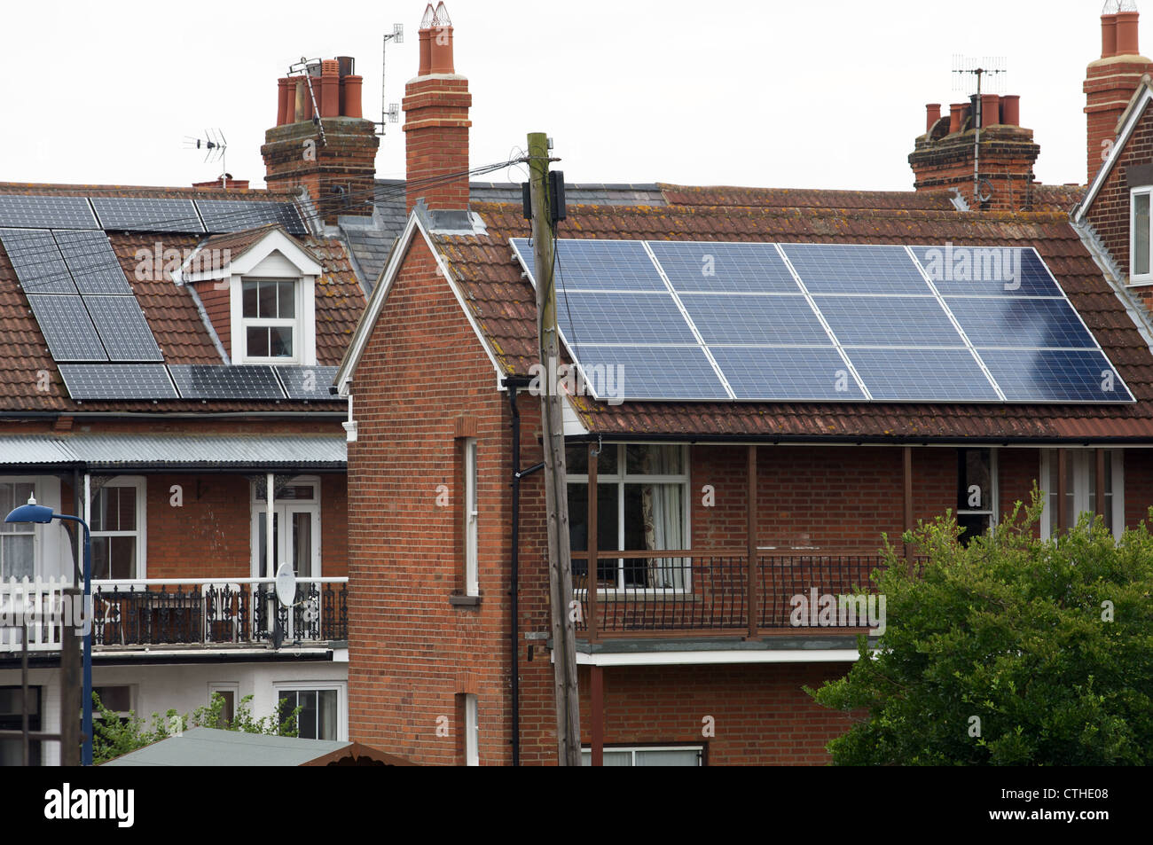 Solar energy panels fitted to residential properties Felixstowe Suffolk UK Stock Photo