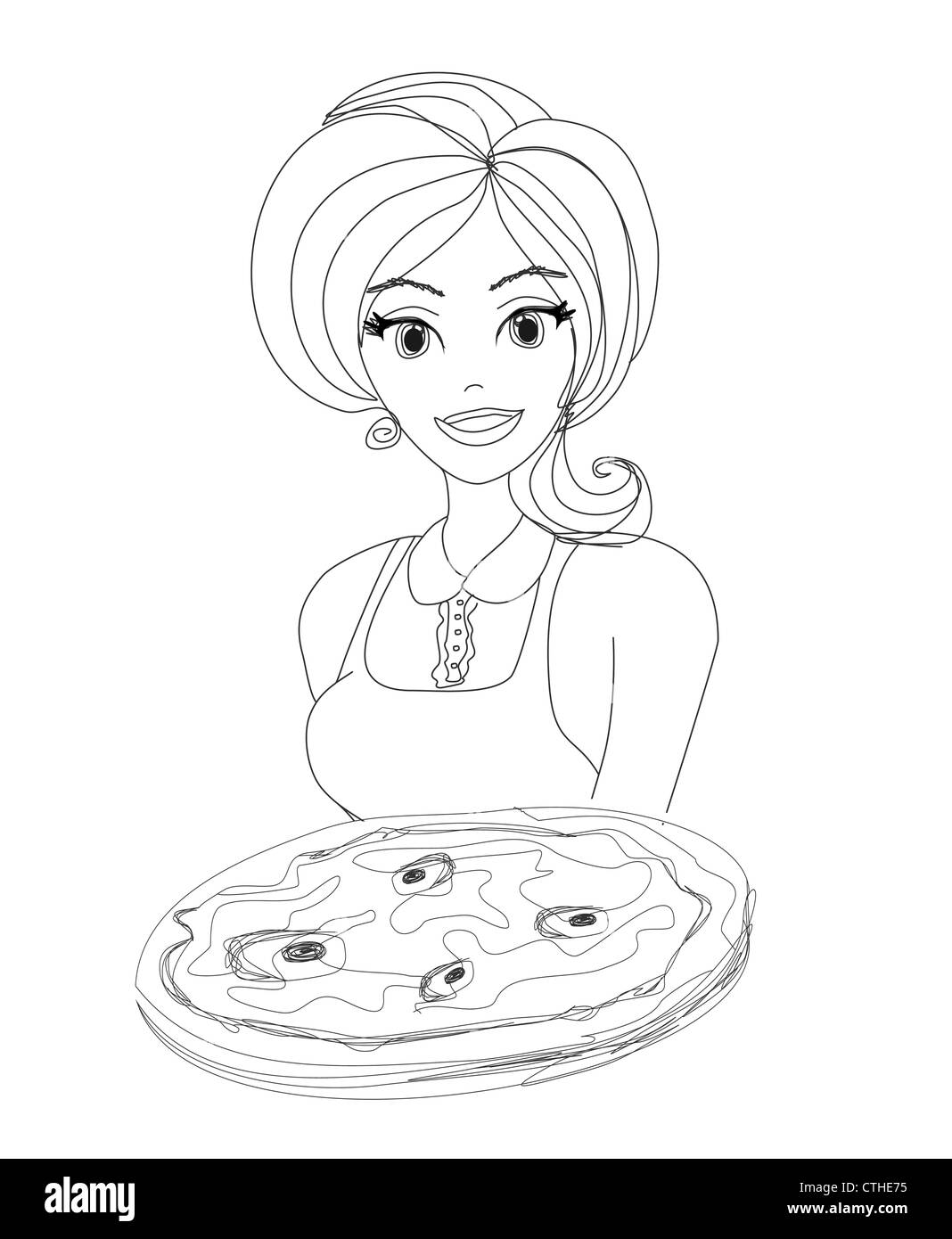 Young waitress with pizza doodle Stock Photo