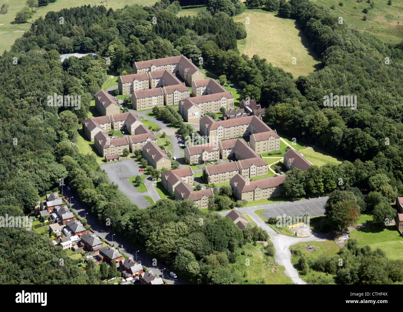 aerial view of Storthes Hall former hospital site near Huddersfield, with University student accommodation Storthes Hall Park Stock Photo