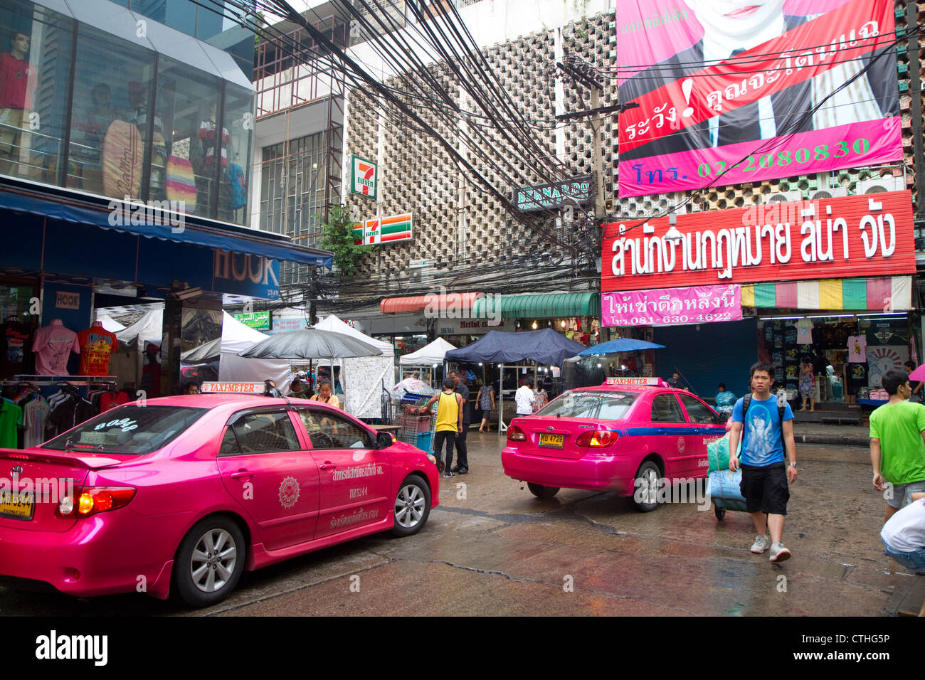 Pink taxi cabs in Bangkok, Thailand. Stock Photo