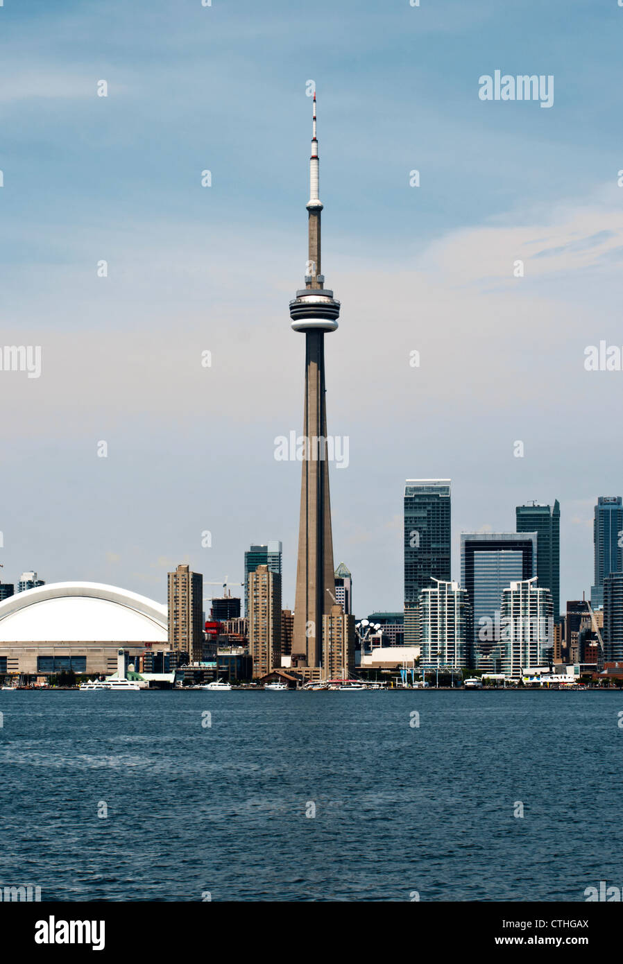 City skyline of Toronto, Canada from lake Ontario with copy space. Stock Photo