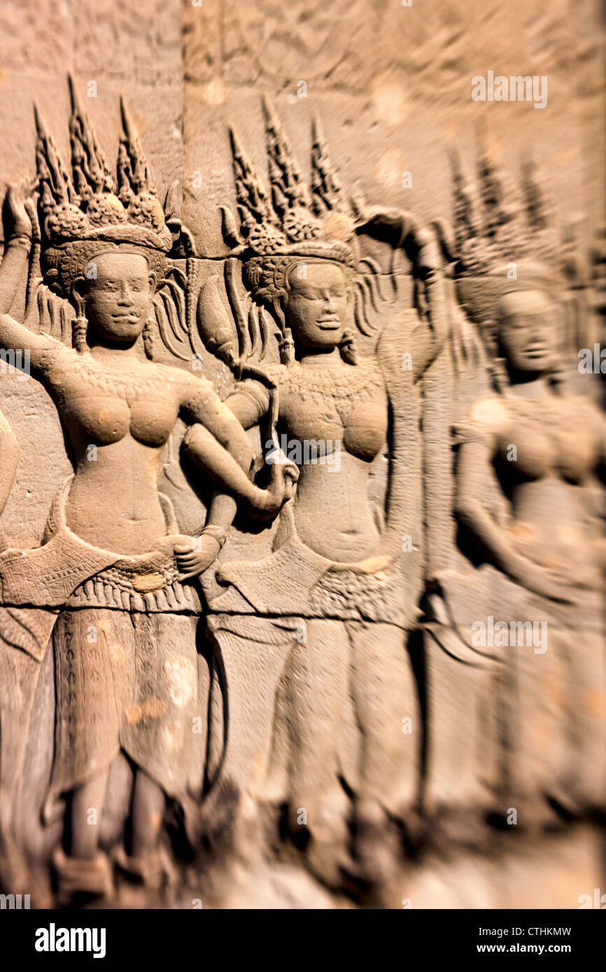 Relief with Aspara dancers at Angkor Wat Temple, Cambodia, Asia, Stock Photo