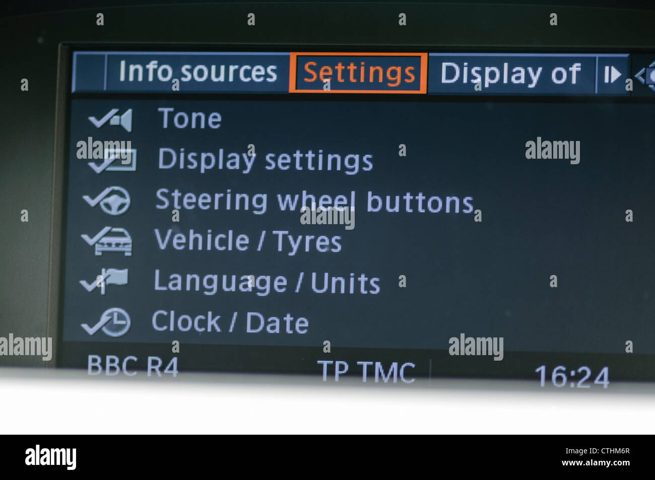 LCD display of an i-Drive system on a BMW 3 series showing the vehicle settings Stock Photo