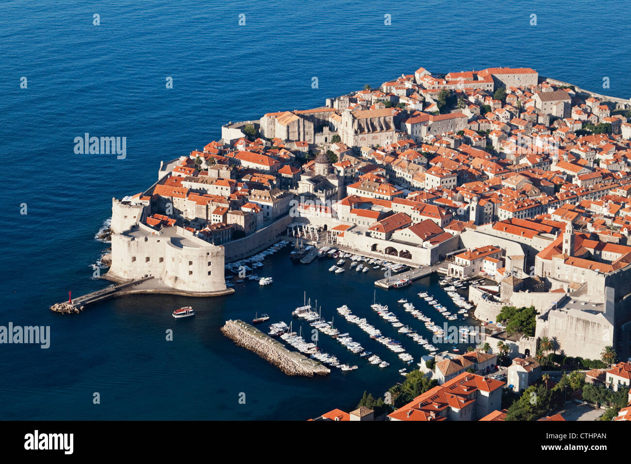 Walled Old City of Dubrovnik, Harbour, birds eye view, Panorama, Croatia Stock Photo