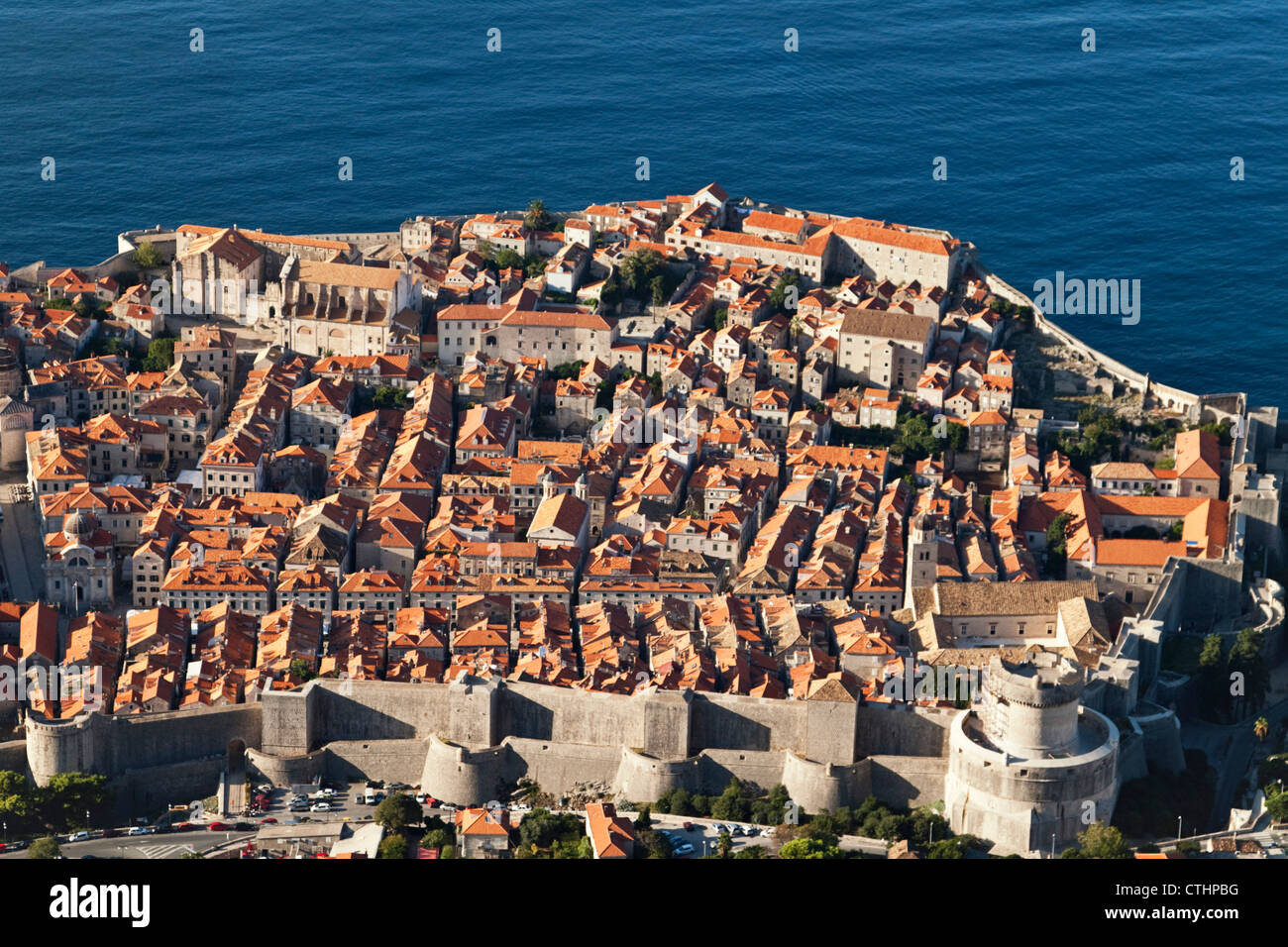 Walled Old City of Dubrovnik, Harbour, birds eye view, Panorama, Croatia Stock Photo