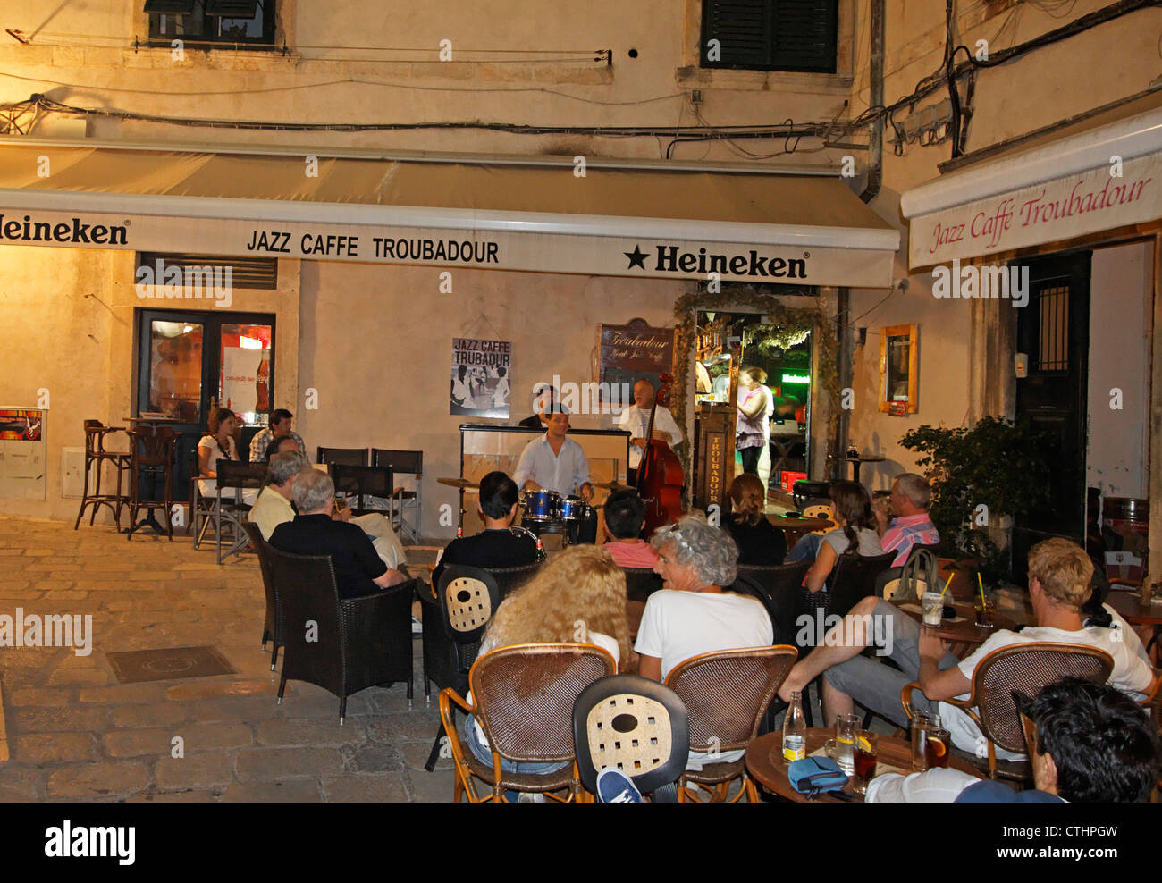Jazz Cafe Troubadour in old city Center of Dubrovnik in the evening , Croatia Stock Photo