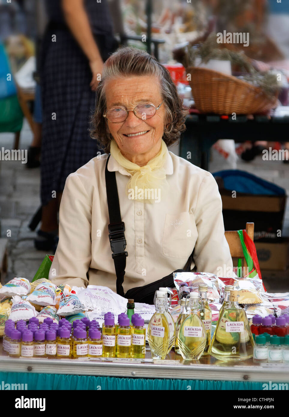 Women with lavendel parfume , Green market in old city Center of Dubrovnik , Croatia Stock Photo