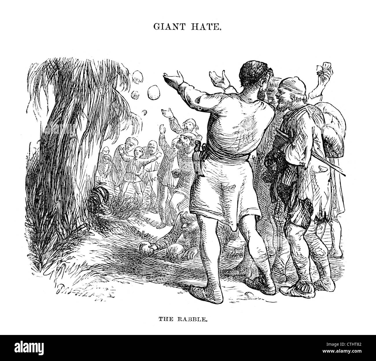 The rabble throwing rocks and stones from the story of the Giant Killer or the Battle which all must fight Stock Photo