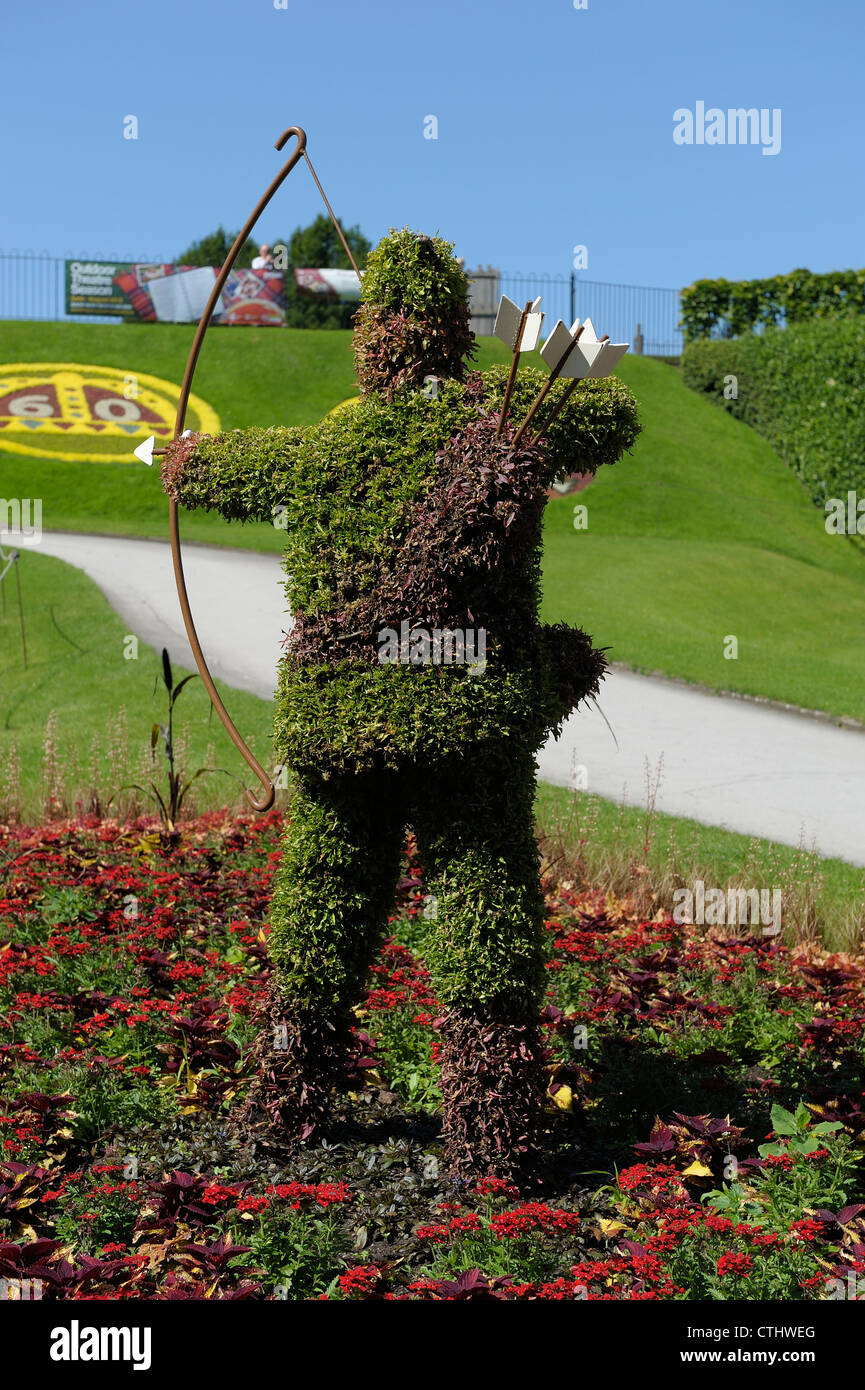 robin hood topiary statue in the gardens of nottingham castle england