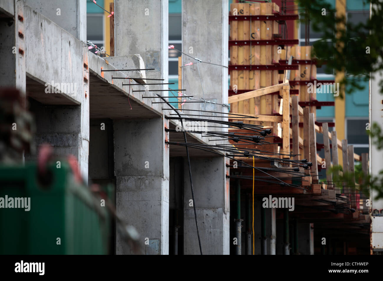 Posttensioned concrete structure showing tensioning cables protruding