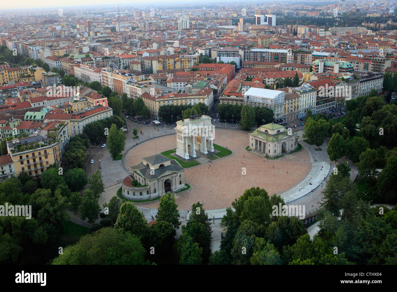 Arch of Peace, or Simplon Gate, seen from Branca tower, in Milan, Italy Stock Photo